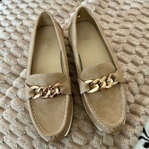Women’s Taupe Suede-Like Loafers with Chain Accent